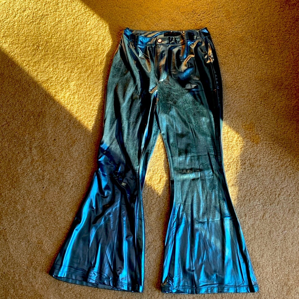Metallic blue pleather flare leg pant size L